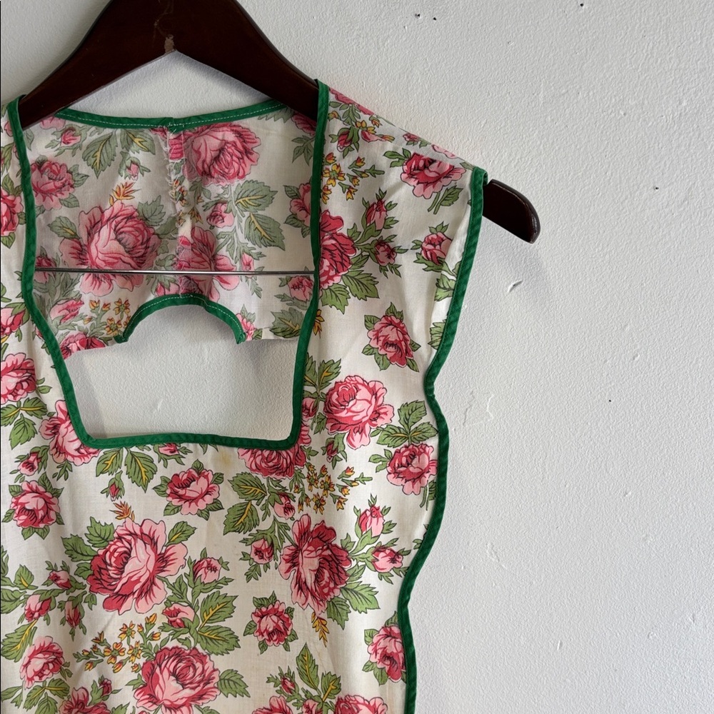 Floral Sleeveless Apron Dress with Green Trim